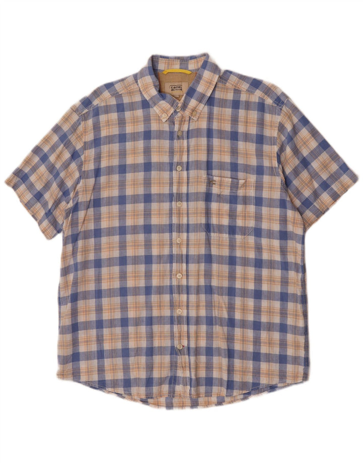 Camel Chemise à manches courtes pour homme en lin à carreaux bleus