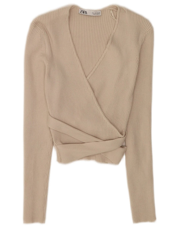 Zara Womens Crop Wrap Cardigan Top UK 14 Large Beige Viscose