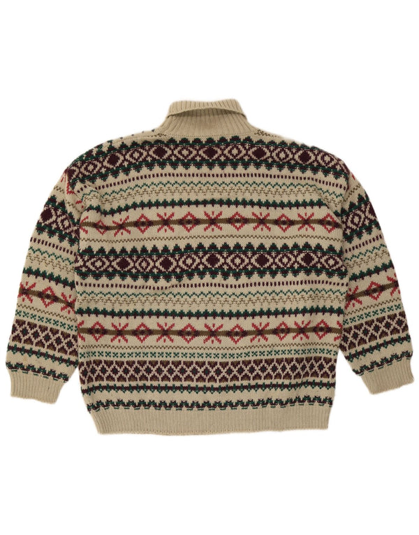vintage Mens Roll Neck Jumper Pull Moyen Beige Fair Isle Laine