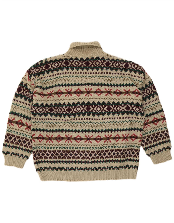 vintage Mens Roll Neck Jumper Pull Moyen Beige Fair Isle Laine