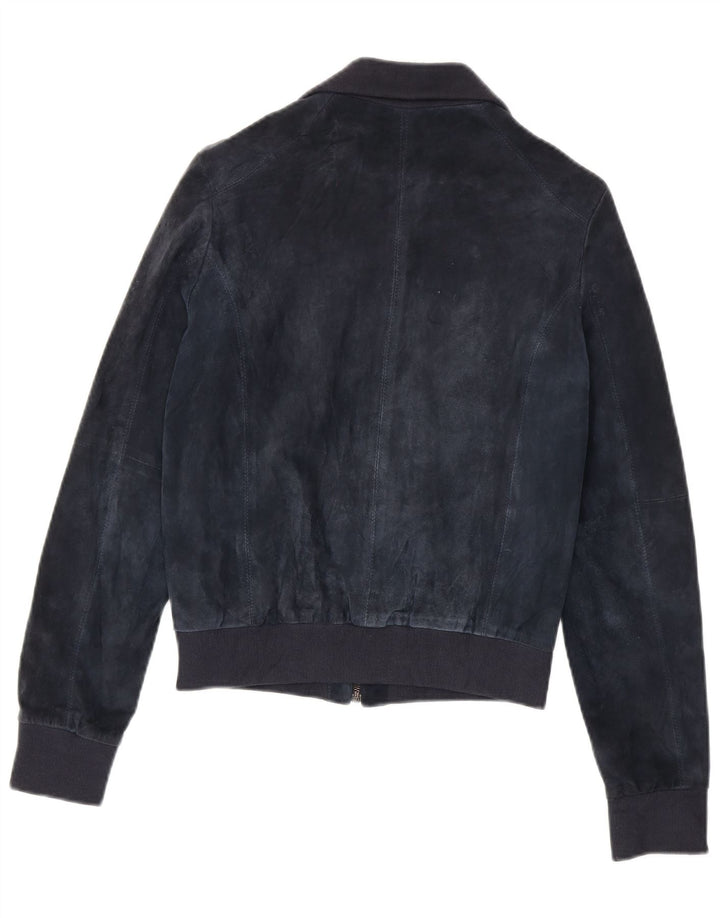 veste bomber en daim femme vintage UK 12 cuir bleu marine moyen