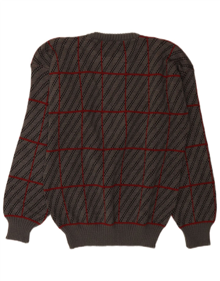 vintage Mens Crew Neck Jumper Sweater IT 50 Moyen Gris Plaid Acrylique