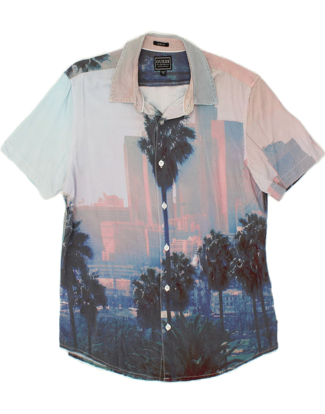 GUESS Mens Slim Fit Short Sleeve Shirt Small Blue Viscose Vintage Guess and Second-Hand Guess from Messina Hembry 