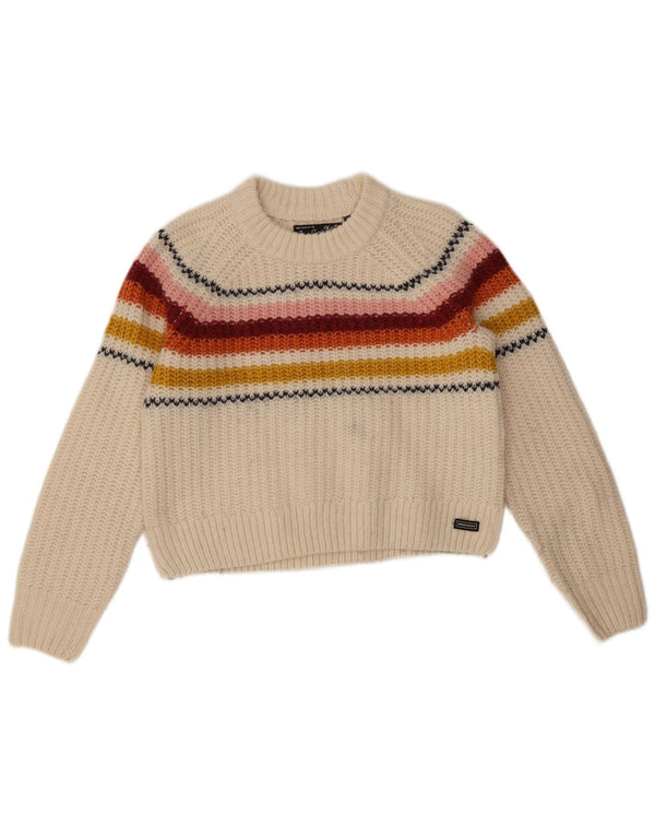 Superdry Pull court à col rond pour femme UK 8 Petit rayé blanc