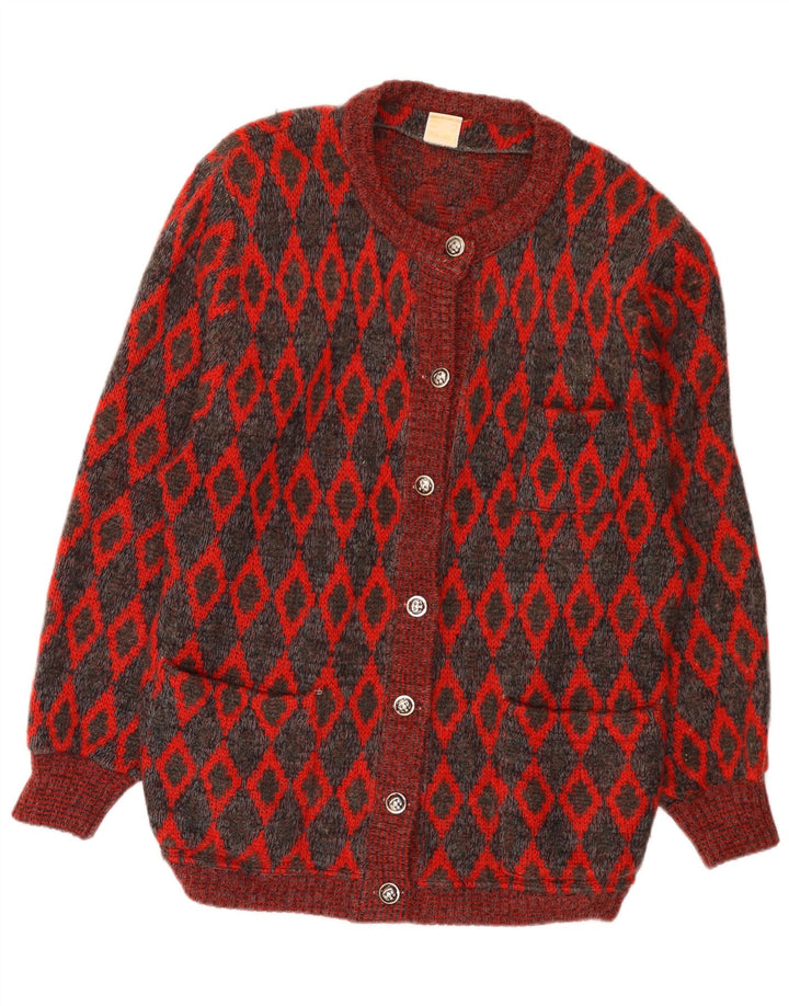 VINTAGE Femme Pull Cardigan Oversize UK 16 Grande Laine Géométrique Rouge