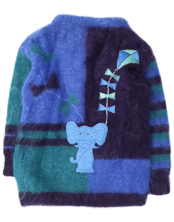vintage Womens Graphic Cardigan Sweater UK 16 Grand Colorblock Bleu
