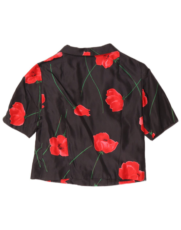vintage Femmes Manches Courtes Crop Cardigan Top UK 12 Moyen Noir Floral