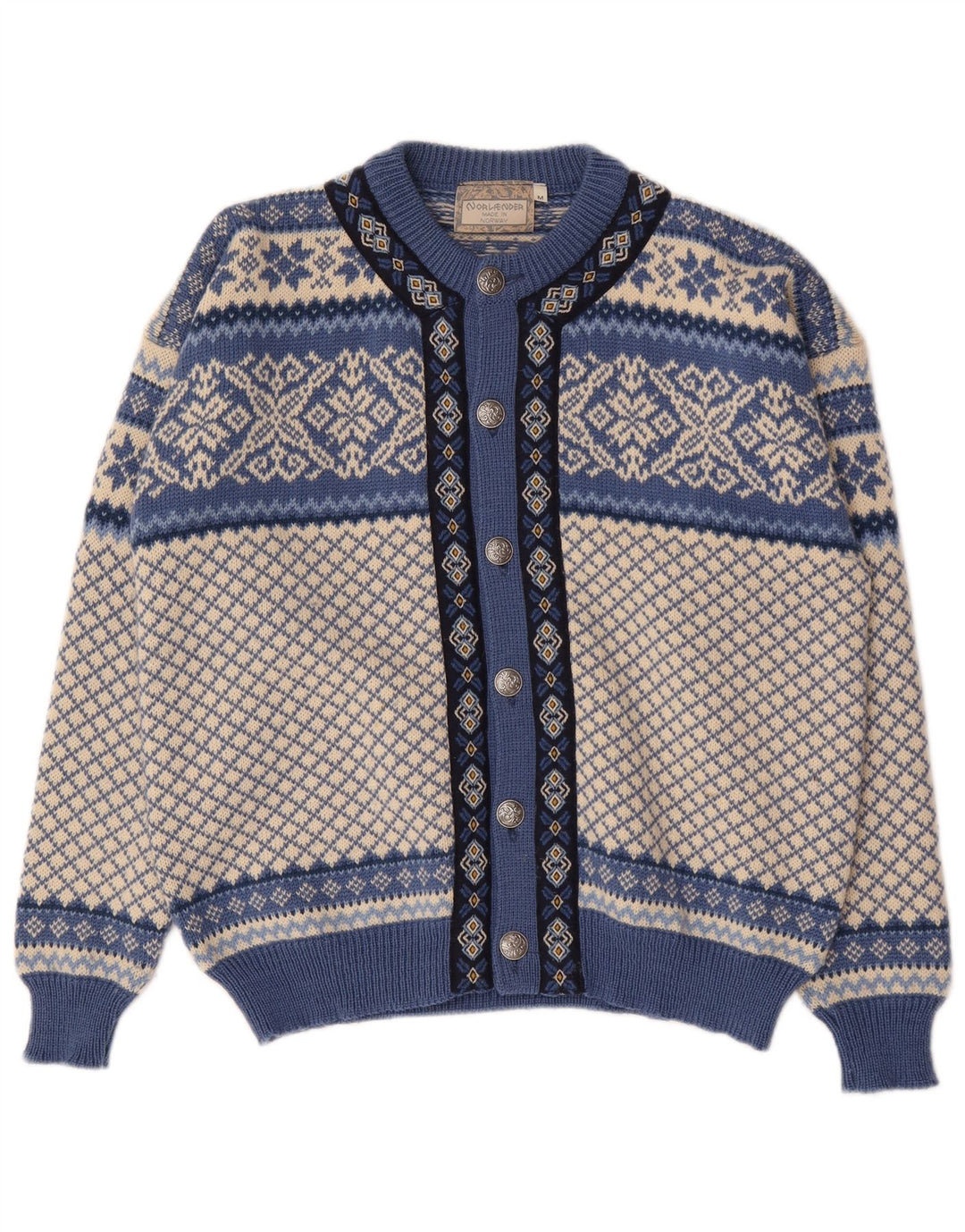 vintage Pull Cardigan Homme Bleu Moyen Fair Isle