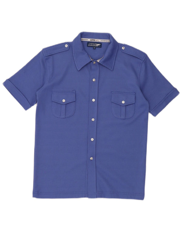 Chemise militaire vintage à manches courtes pour hommes en polyester bleu moyen