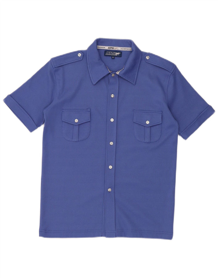 Chemise militaire vintage à manches courtes pour hommes en polyester bleu moyen