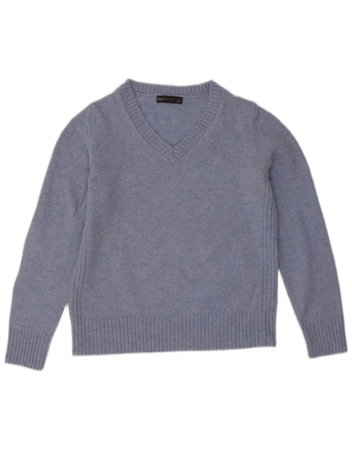 Marks & Spencer Pull col en V pour femme UK 12 Bleu moyen Laine d'agneau