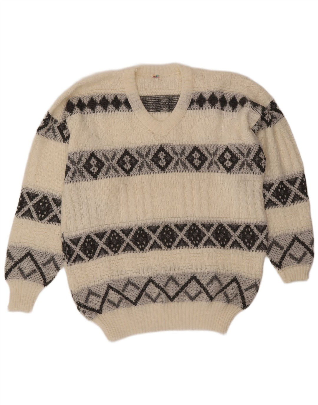 VINTAGE Pull col V pour homme Large Off White Fair Isle