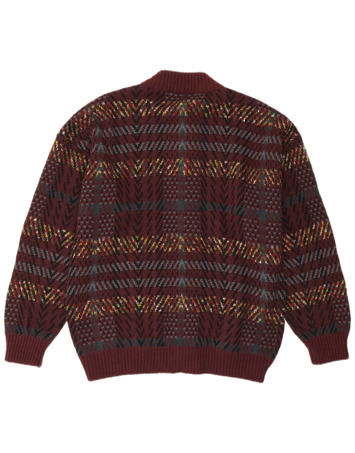 VINTAGE Homme Cardigan Pull Grand Marron Géométrique Acrylique