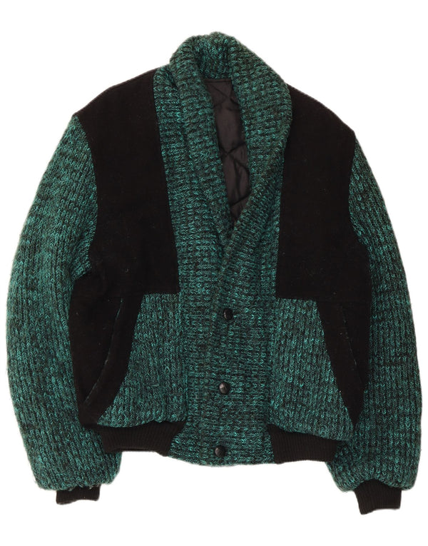 vintage Mens Knit Bomber Jacket UK 38 Medium Green Colourblock