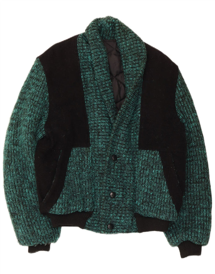 vintage Mens Knit Bomber Jacket UK 38 Medium Green Colourblock