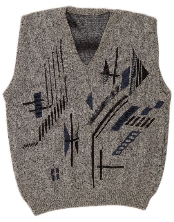 vintage Mens Vest Tank Top EU 50 Moyen Gris Géométrique Polyacrylique
