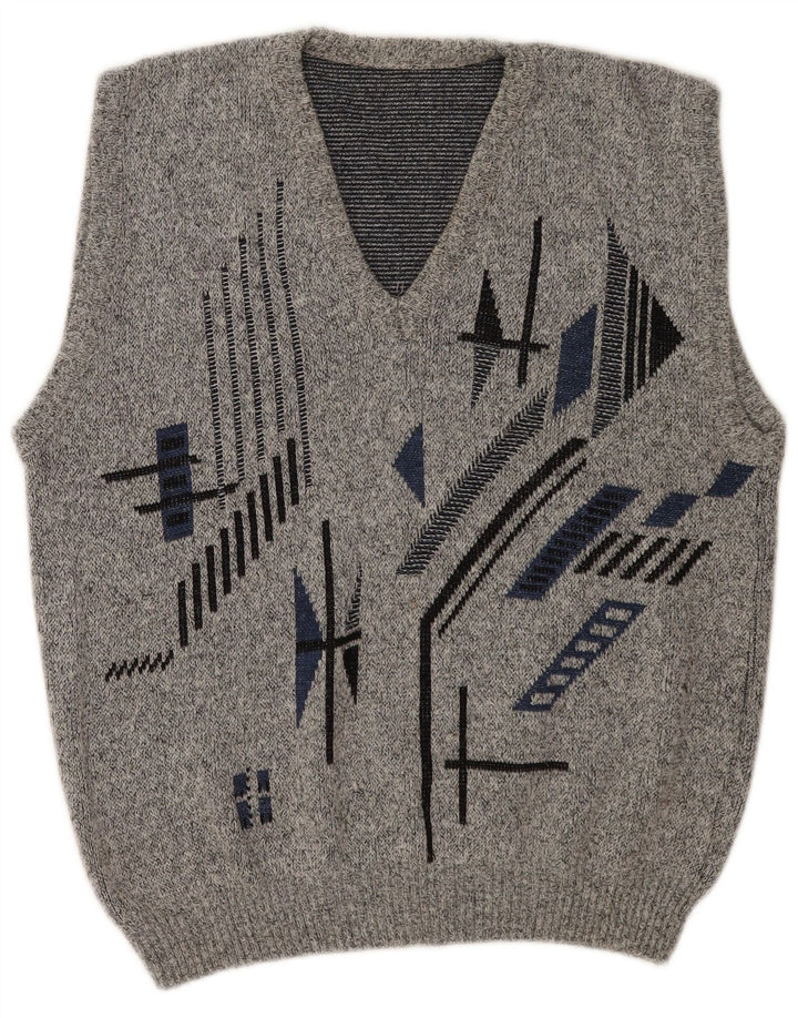vintage Mens Vest Tank Top EU 50 Moyen Gris Géométrique Polyacrylique