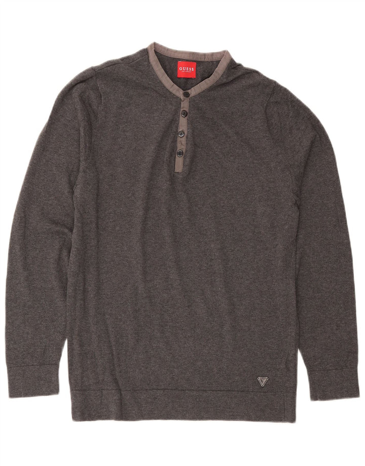 GUESS Pull à col rond pour homme en coton gris Large