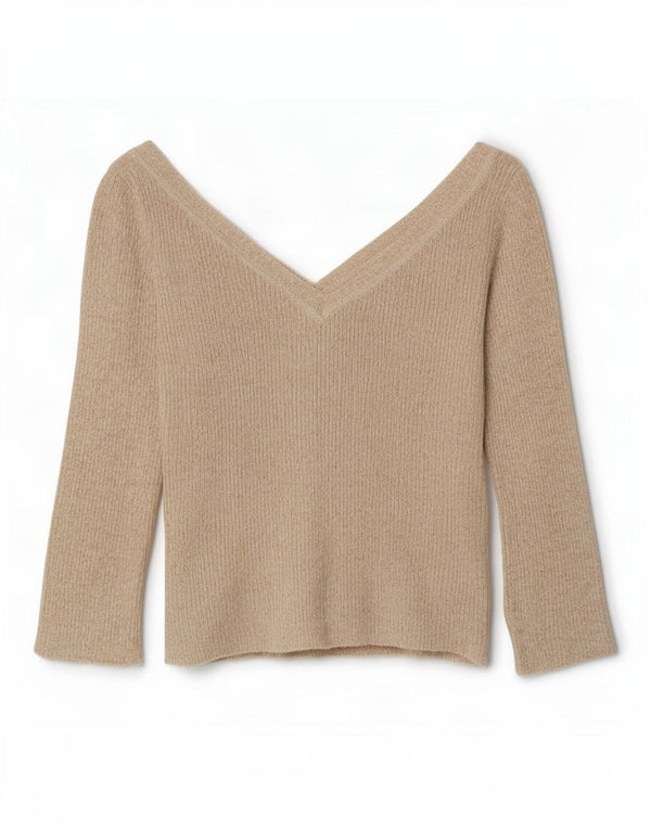 Zara Pull court à manches 3/4 et col en V pour femme UK 14 Large Beige Moucheté