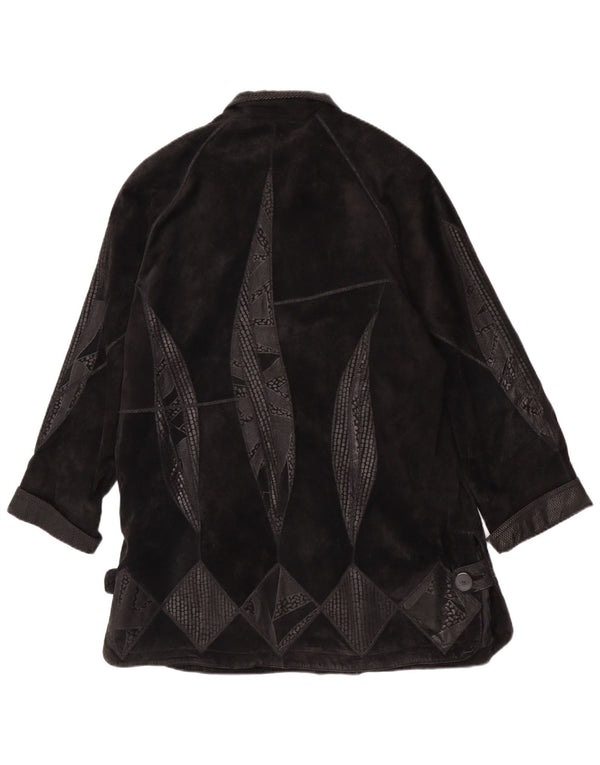 vintage Femmes Daim Surdimensionné Pardessus EU 42 Grand Cuir Géométrique Noir