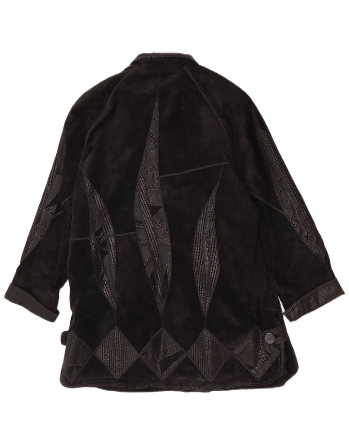 vintage Femmes Daim Surdimensionné Pardessus EU 42 Grand Cuir Géométrique Noir