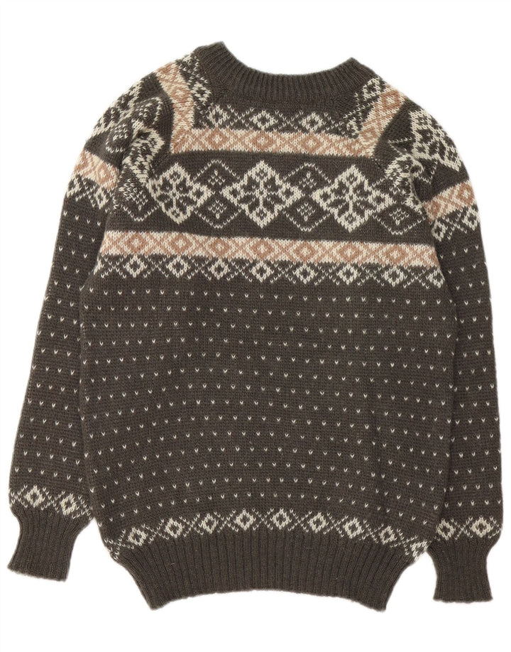 vintage Mens Crew Neck Jumper Pull Petit Marron Fair Isle
