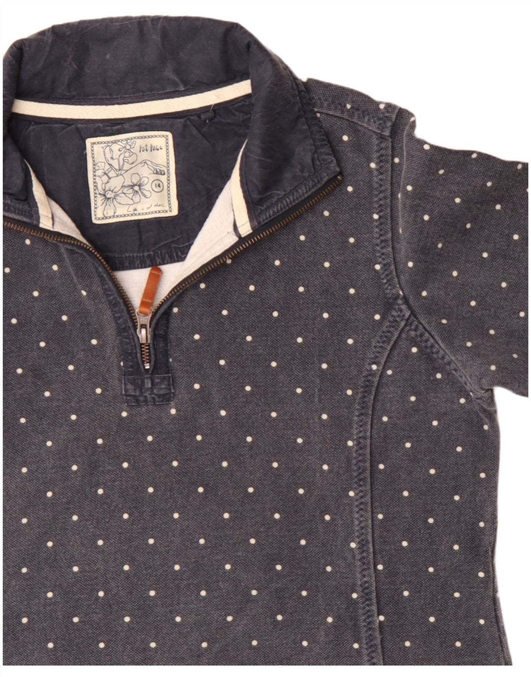 Fat Face Sweat-shirt à col zippé pour femme UK 14 Large Bleu marine à pois