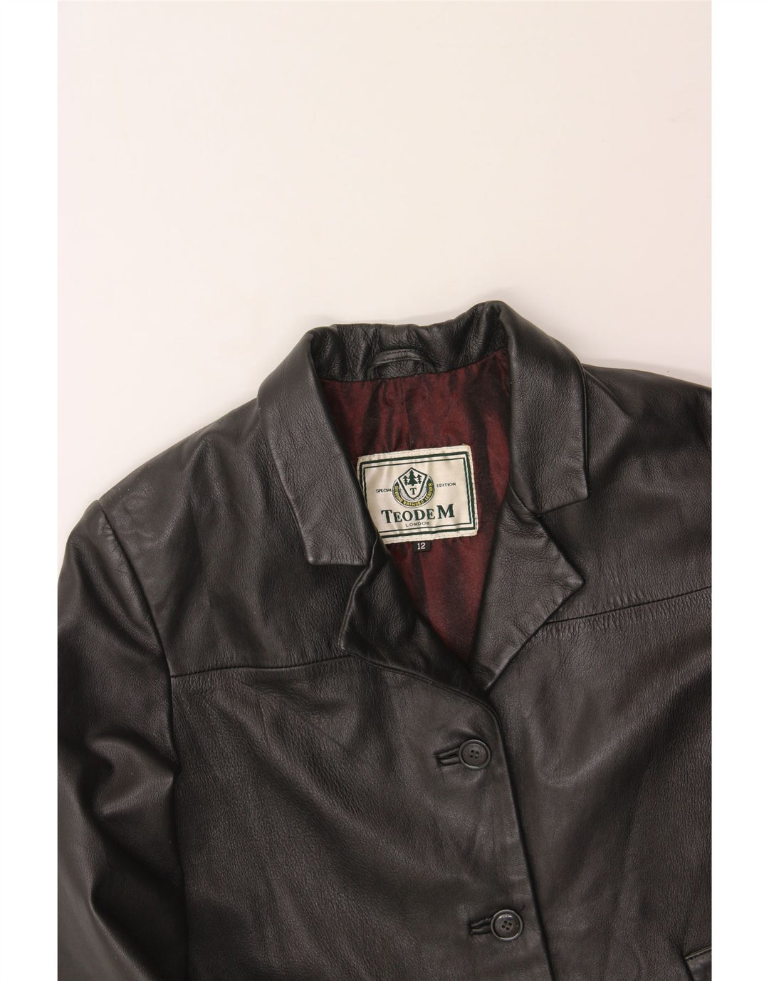 TEODEM Womens Leather Coat UK 12 Medium Black Leather Vintage Teodem and Second-Hand Teodem from Messina Hembry 