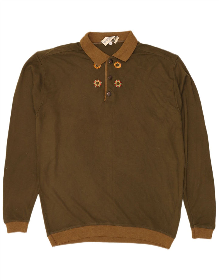 VINTAGE Pull col polo homme grand kaki acrylique