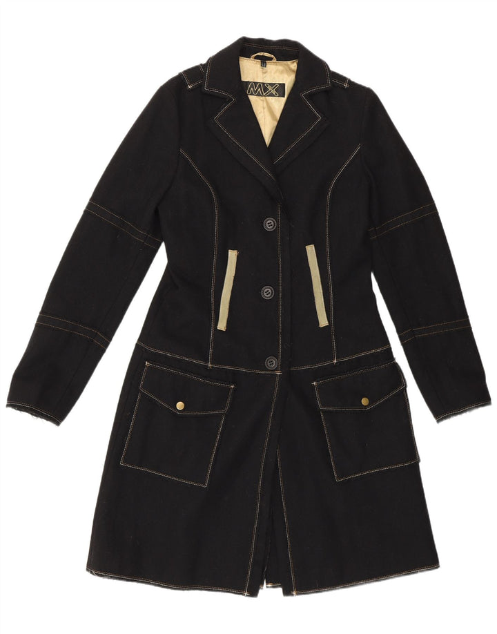 vintage Womens Military Overcoat UK 10 Petite laine noire classique