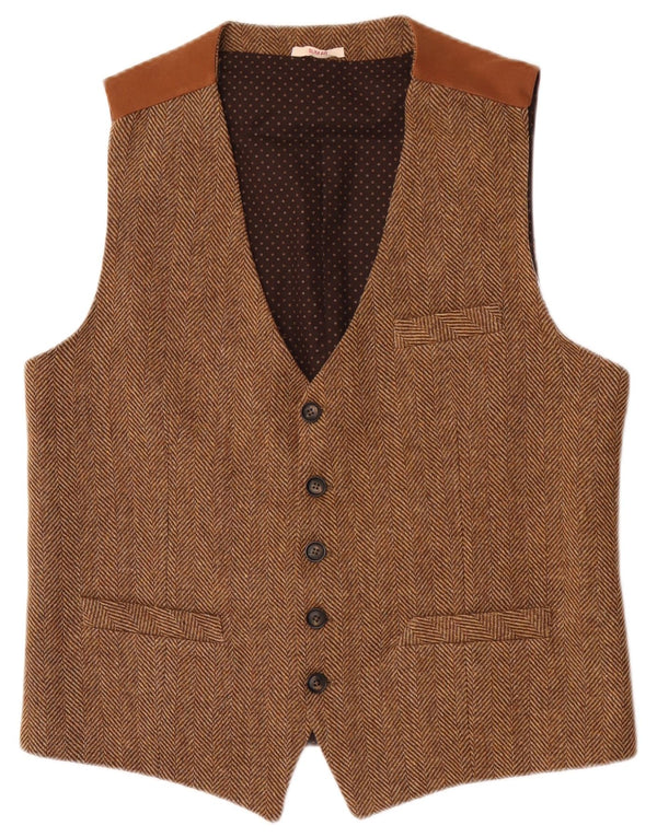 vintage Mens Slim Fit Gilet XL Marron Herringbone Acrylique