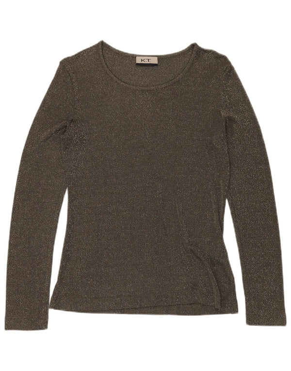 VINTAGE Top Femme Manches Longues UK 12 Viscose Mouchetée Vert Moyen