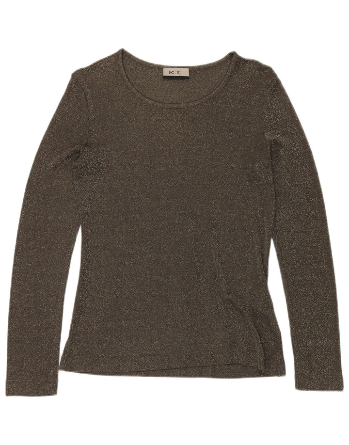 VINTAGE Top Femme Manches Longues UK 12 Viscose Mouchetée Vert Moyen