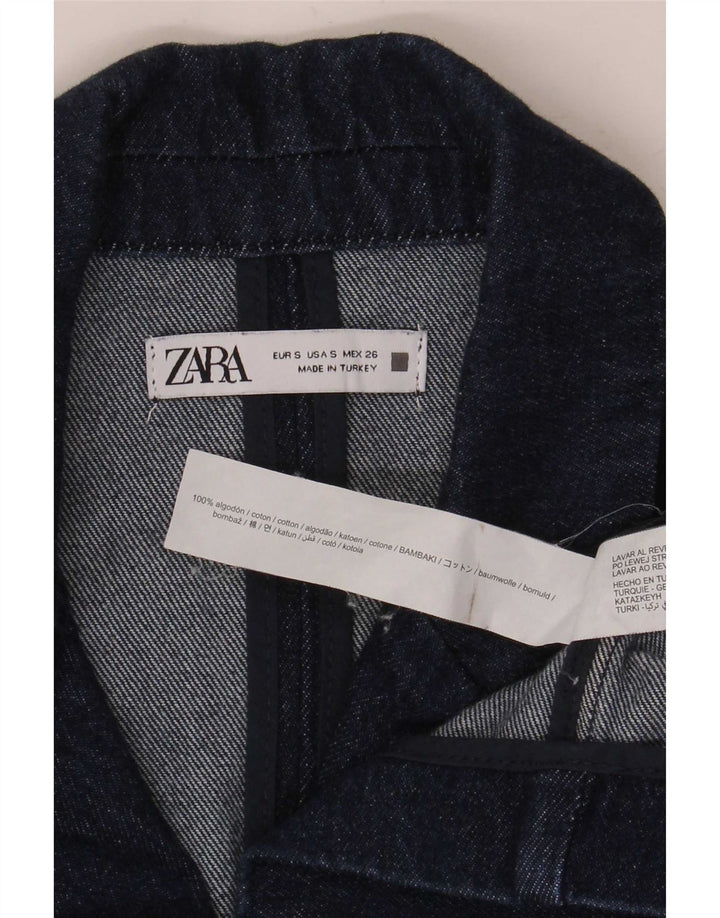 Zara Womens Crop Double Breasted Denim Blazer Veste UK 10 Petit Bleu Marine