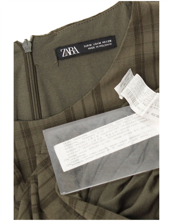Zara Robe droite à manches 3/4 pour femme UK 12 Kaki moyen à carreaux en viscose