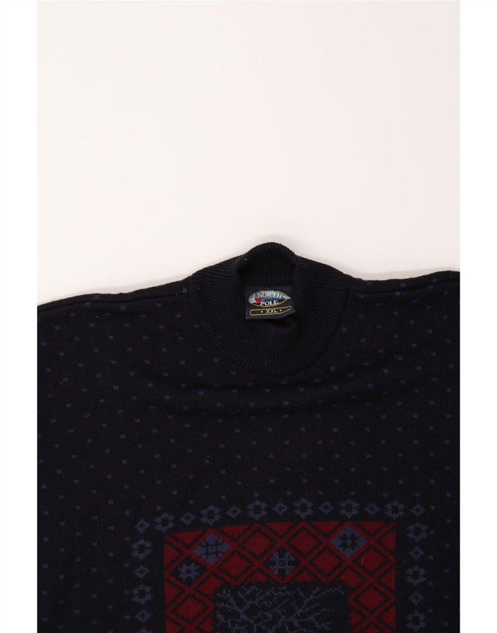 NORTH POLE Pull col roulé pour homme 2XL en laine Fair Isle bleu marine