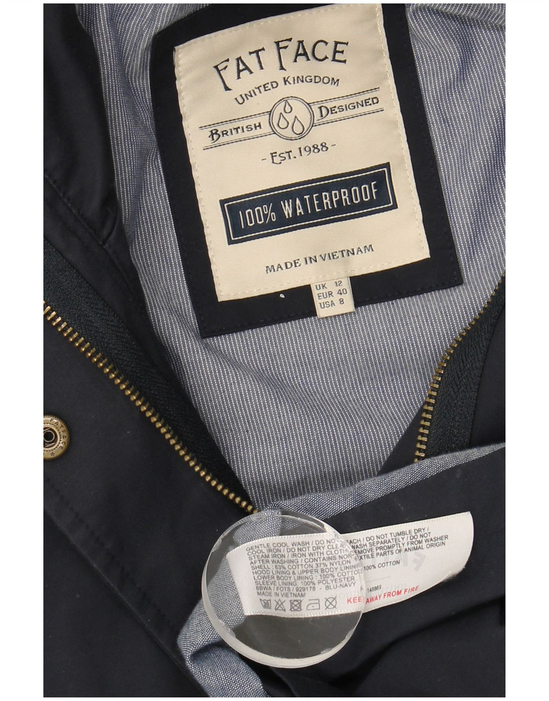 Fat Face Veste de pluie à capuche pour femme UK 12 Bleu marine moyen Coton