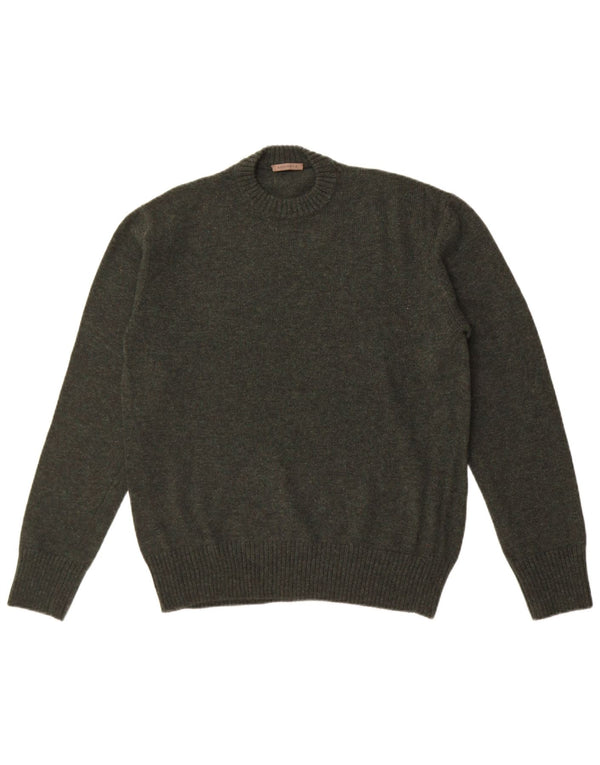 vintage Mens Crew Neck Jumper Pull Moyen Kaki Laine