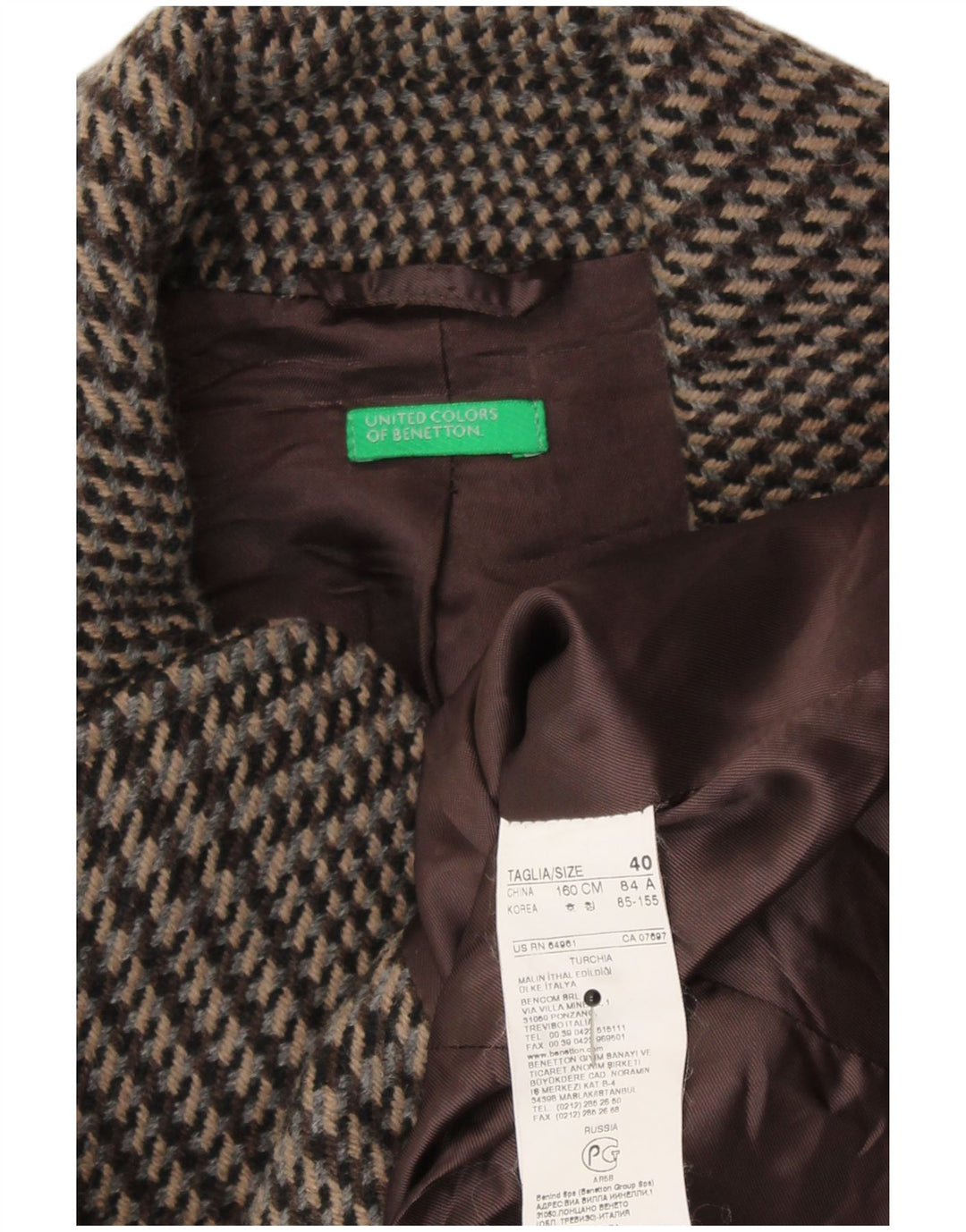 Benetton Veste Blazer Ceinturée Femme IT 40 Petite Laine Pied De Poule Marron