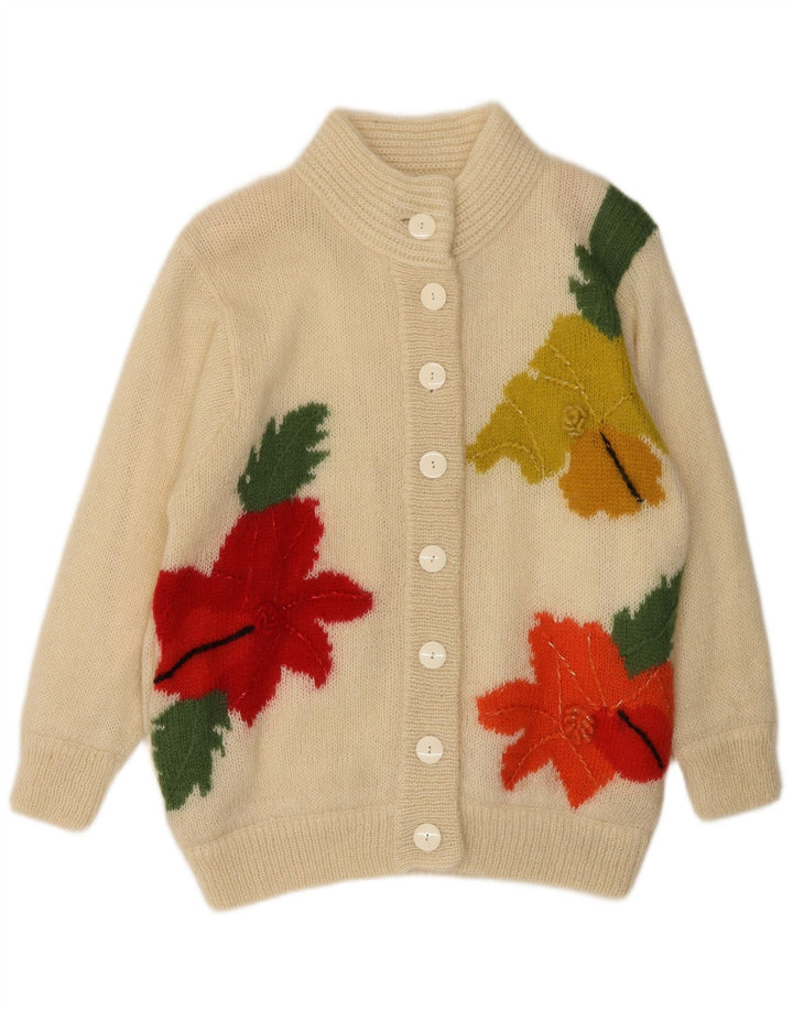 BIBO Femme Cardigan Pull Taille Unique Blanc Cassé Floral Laine