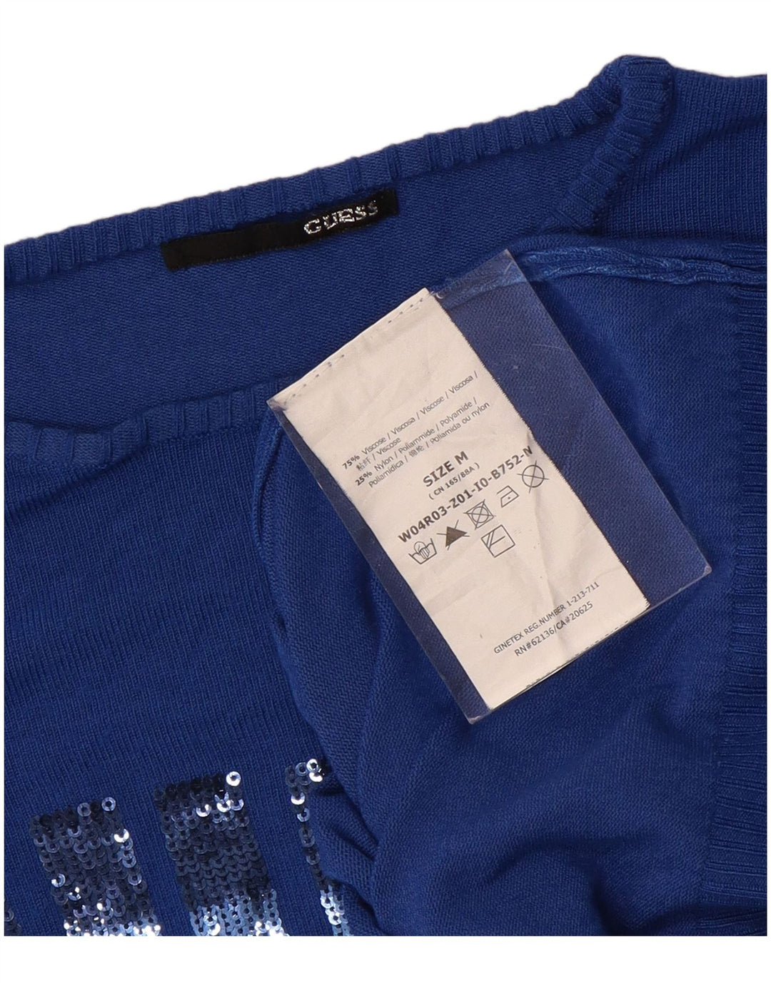 GUESS Pull graphique à col bateau pour femme UK 12 Bleu moyen Viscose