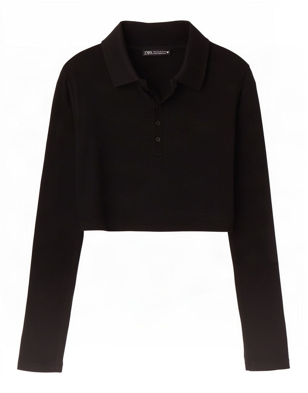 Zara Polo court à manches longues pour femme UK 12 Noir moyen