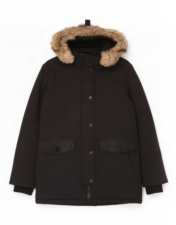 Superdry Parka à capuche pour femme UK 12 Medium Noir Nylon