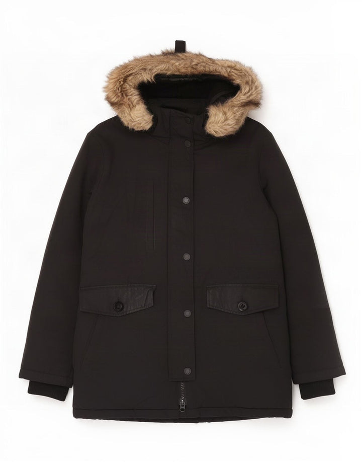 Superdry Parka à capuche pour femme UK 12 Medium Noir Nylon
