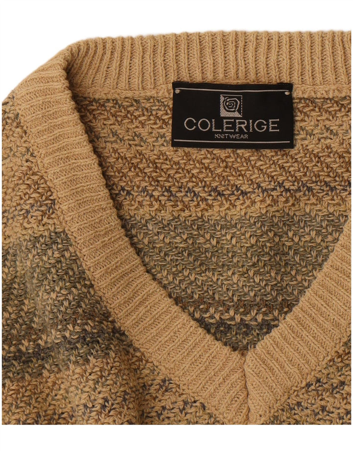 vintage Mens V-Col Jumper Pull Moyen Beige Rayé
