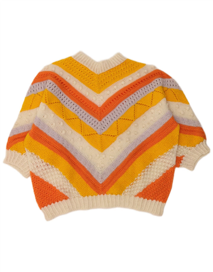 VINTAGE Femmes Crop Crew Neck Jumper Pull UK 12 Moyen Multicolore