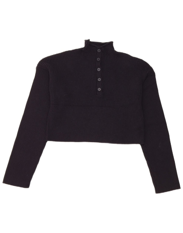 Zara Womens Crop Button Neck Jumper Sweater UK 14 Large Bleu Marine Coton