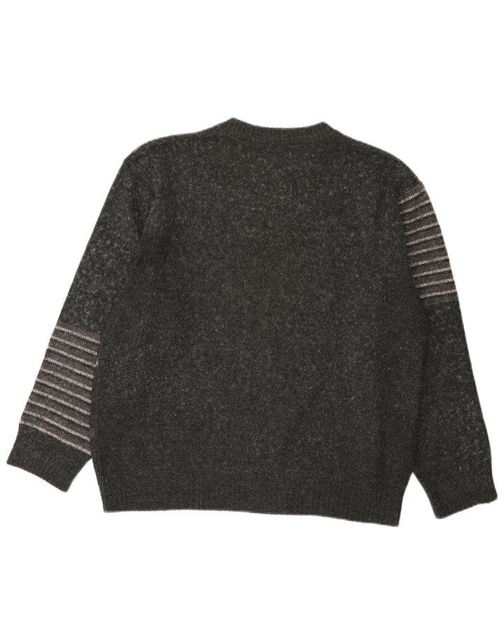vintage Mens Crew Neck Jumper Pull Moyen Gris Géométrique Acrylique