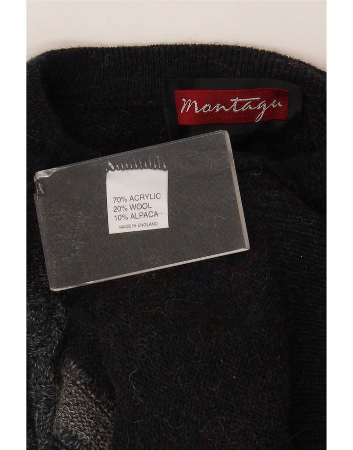 vintage Mens Crew Neck Jumper Pull Moyen Bleu Marine Colorblock Acrylique