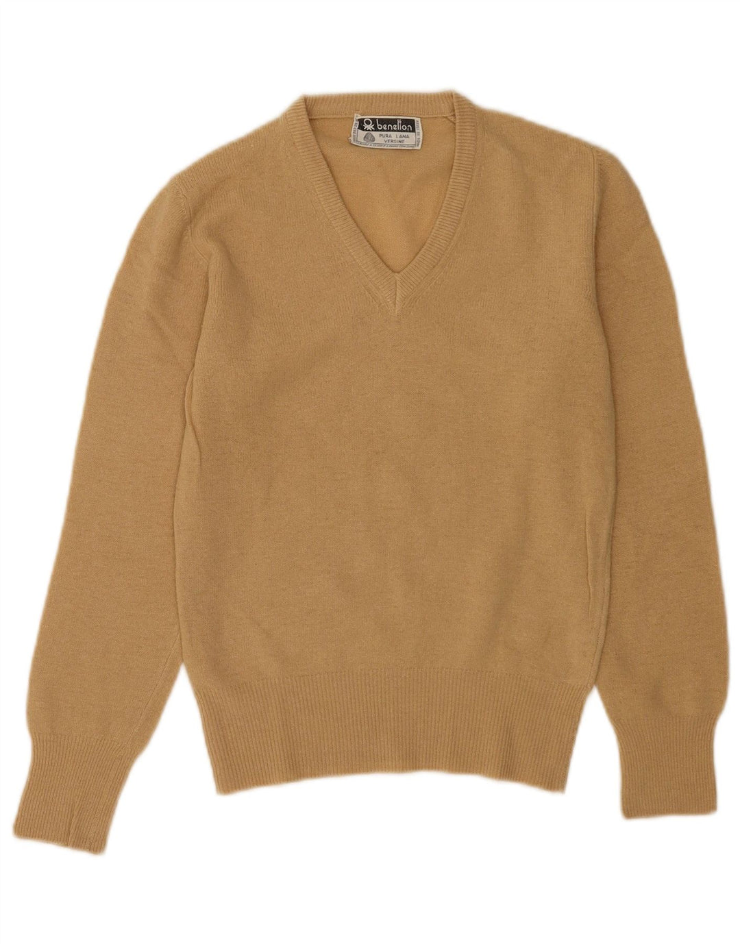 Benetton Pull col V pour femme UK 10 Petite laine beige